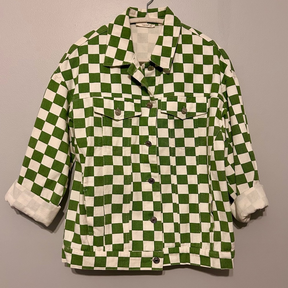 Green Checkerboard Denim Jacket | Timing Size S | Retro Streetwear Shacket